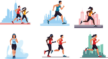 Urban marathon runners vector illustration showing men and women jogging, training, exercising, and running outdoors in modern city lifestyle environment