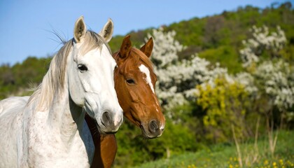 Obraz premium Two horses in a spring meadow