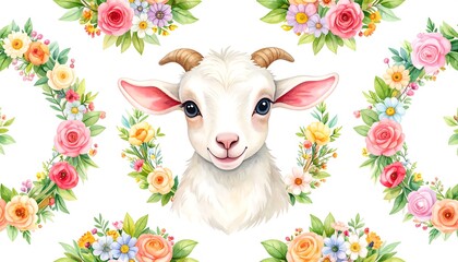Cute goat portrait in floral wreath pattern
