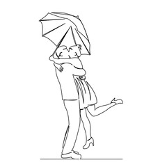 One continuous single drawing line art doodle love, couple, umbrella, romance, beautiful, rain, romantic. Isolated flat illustration hand draw contour on a white background
