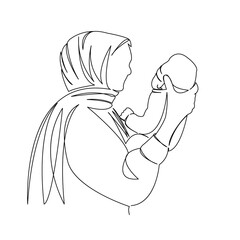 One continuous single drawing line art doodle parent, woman, muslim, people, islam, mom, motherhood. Isolated flat illustration hand draw contour on a white background
