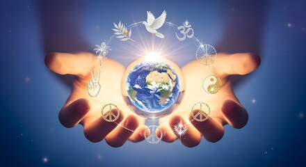 Global peace and harmony concept world in hands with peace symbols and dove hope light