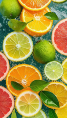 Citrus and limes in water with bubbles