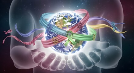 World cancer day awareness ribbon earth globe hands support hope solidarity concept