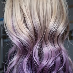 Naklejka premium Beautiful blonde hair with purple ombre highlights and soft waves close up view