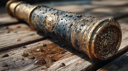 Close-up of antique brass telescope with engraved details and worn patina, highlighting classic exploration instruments and timeless scientific craftsmanship in soft warm light.