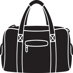 A black duffel bag with white accents and a zipper pocket isolated on a white background design