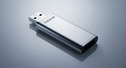A silver datalink usb drive on a reflective surface