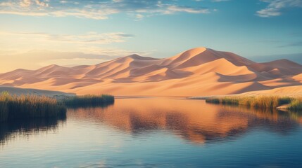 Fototapeta premium A serene desert landscape with rolling sand dunes and a calm river reflecting the sky, framed by lush greenery.