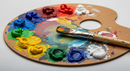 Obraz premium Colorful paint palette with paintbrush close up shot
