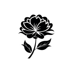 Monochrome Illustration of a Peony Flower with Stem and Leaves Design Silhouette Vector 