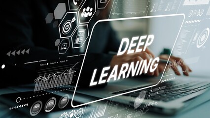 Abstract Representation of Deep Learning Concept with Data Visualizations and Hands Typing on Laptop in Modern Workspace. Asymptotic smart data analytic.