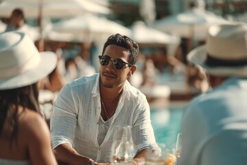 A group of friends enjoys a sunny day by the pool while sharing laughter and drinks in a vibrant atmosphere