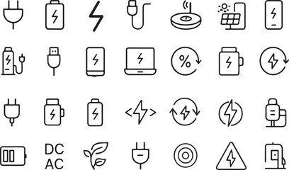Collection of hand drawn icons representing energy charging and power concepts in a sketchy style