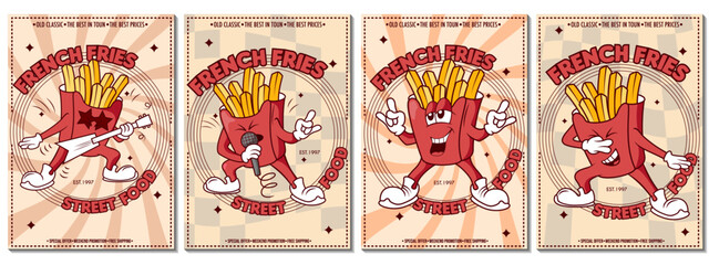 vintage fast food banners with cartoon character French fries, vector illustration