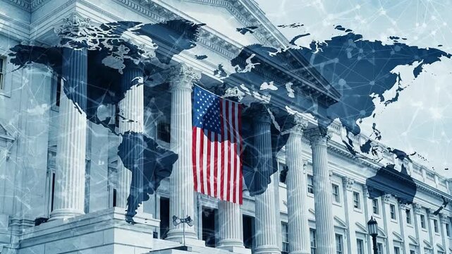Building with american flag and world map overlayed with network connection visualization effect - Powered by Adobe
