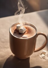 Steam Rising from Hot Chocolate Mug with Marshmallows in Morning Sunlight