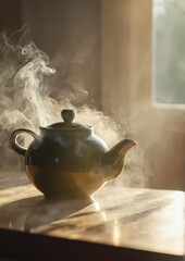 Steam Rising from Ceramic Teapot in Soft Morning Sunlight