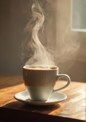  Steam Rising from Hot Coffee Cup on Wooden Table in Warm Natural Light