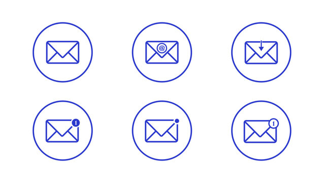 Vector icon set for email , alert, received mail, notification and inbox with unread message and envelope symbol in circle(Blue stroke only)