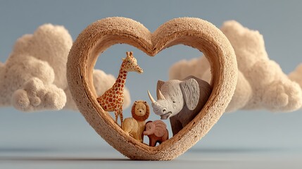 Adorable cute cartoon giraffe elephant and dog friends inside a heart sculpture with soft clouds symbolizing love and friendship