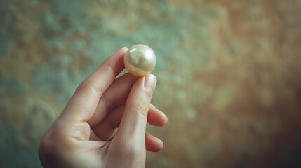 Female hand holding a pearl on a textured background with copy space