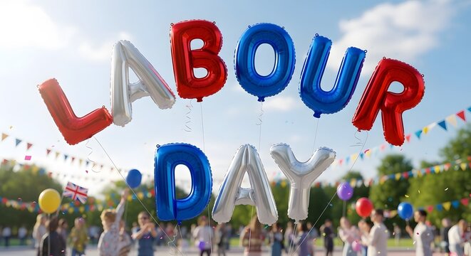 Festive balloons spell out Labour Day celebration outdoors with joyful crowd and colorful bunting