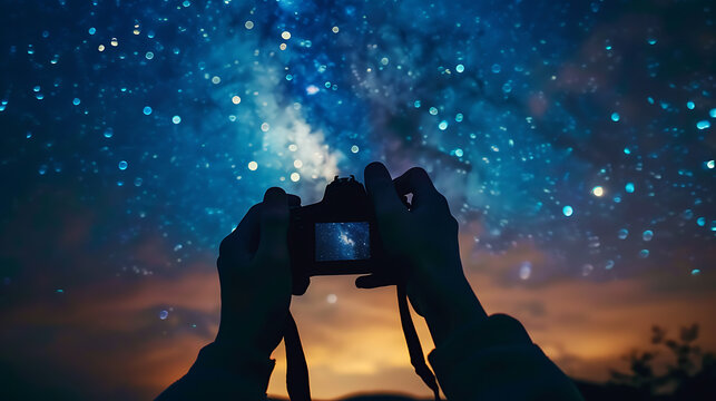 Hands holding digital camera in night sky with stars and bokeh - Powered by Adobe