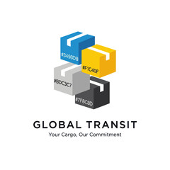 The logo features four stylized boxes in different colors, representing global transit and cargo.