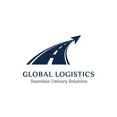 A dark blue logo for Global Logistics featuring a stylized road curving upwards and transforming into an arrow, symbolizing seamless delivery and progress.