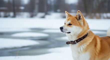 Alert Akita Inu enjoying snowy landscape with frozen waterscape serenity
