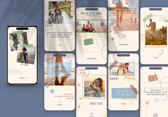 Set of 10 Instagram story templates with doodle hand-drawn elements for travel, beach and lifestyle design