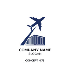 Dark blue logo design featuring an airplane and shipping container, suitable for a logistics company.