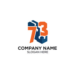 A modern logo design featuring the numbers 73 in orange, integrated with a blue hexagonal or castle-like structure, suitable for a company brand.