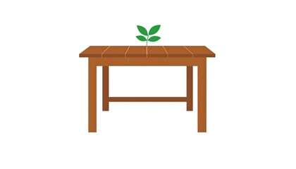 A simple, brown wooden table with a small sprout on the surface.