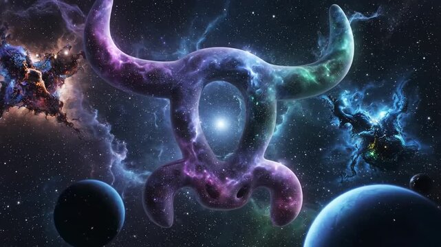 Taurus Constellation Nebula in Space - A vibrant, abstract depiction of the Taurus zodiac sign as a cosmic nebula, set against a backdrop of stars, planets, and swirling galaxies.