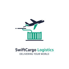 SwiftCargo Logistics logo design, showing an airplane taking off from a shipping container.