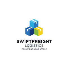 A modern logo for Swiftfreight Logistics featuring three interconnected colorful boxes, symbolizing efficient global delivery services.