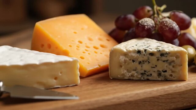 Assorted Cheese and Grapes on Wooden Board - A close-up shot showcases a selection of cheeses&mdash;a wedge of camembert, a piece of cheddar, and a portion of blue cheese&mdash;arranged on a rustic wooden board