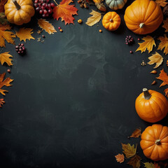 Autumn pumpkin arrangement with colorful leaves on dark background  