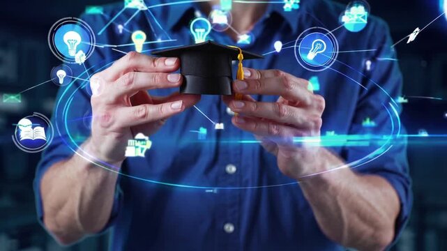 Academic Achievement Certification Idea Male Hands Presenting Graduation Cap Internet Online Education Course Degree Symbolizing Study Knowledge for Creative Thinking Idea and Problem Solving Solution