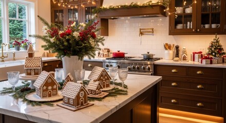 Fototapeta premium Beautiful Christmas Gingerbread House Display on Kitchen Island with Festive Decor