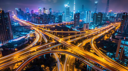 Obraz premium Illuminated highway interchange weaves through a sprawling urban area at night, showcasing the dynamic flow of traffic and the skyline adorned with luminous buildings
