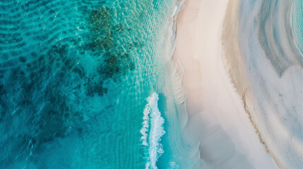 This aerial view showcases a stunning sandbar extending into clear turquoise waters, surrounded by gentle waves. The vibrant contrast between sand and ocean creates a picturesque tropical setting