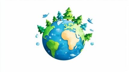 A colorful and vibrant illustration of Earth surrounded by green trees, representing nature and sustainability.