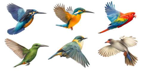 A captivating set of six diverse birds, featuring colorful kingfishers, a green hummingbird, a vibrant macaw, and other species, depicted in graceful flight as transparent design elements.