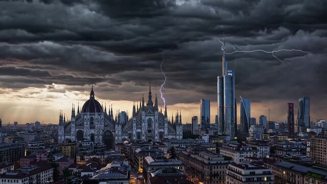 Ominous storm clouds gathering over the urban skyline of Milan, illustrating concepts of climate change