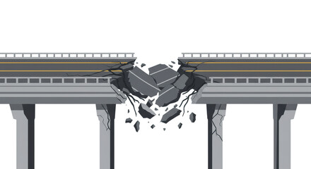 Cracked highway bridge with debris falling into empty space  