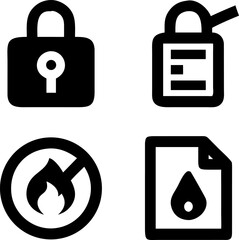 Secure data, fire safety, fuel, and document icons signifying protection, hazards, and information.