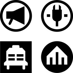 Icon set featuring megaphone, power plug, bus, and house with bar graph for communication, energy, transport, and real estate.